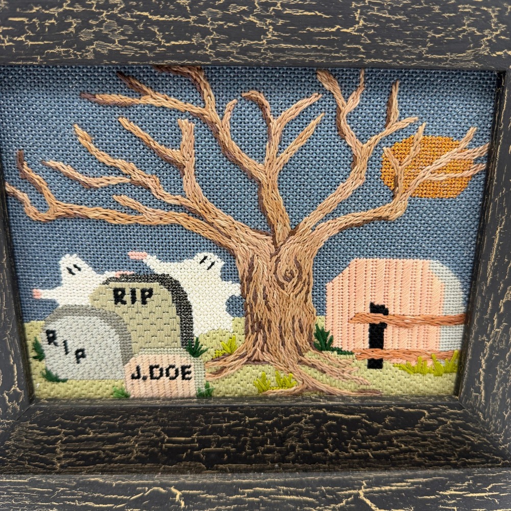 Halloween Needlepoint Framed Ghost Graveyard Spooky Shelf Sitter Handmade Art - Picture 2 of 13